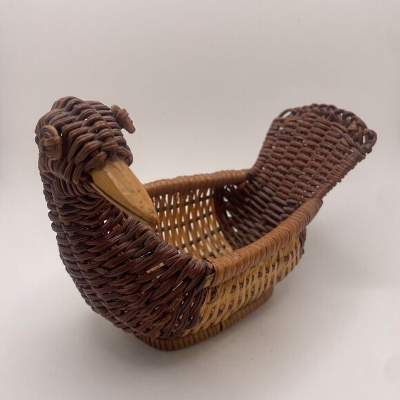 Wicker Duck Basket Rattan Woven Boho Decorative Vintage Decor Wood Beak Two-tone - Picture 2 of 4